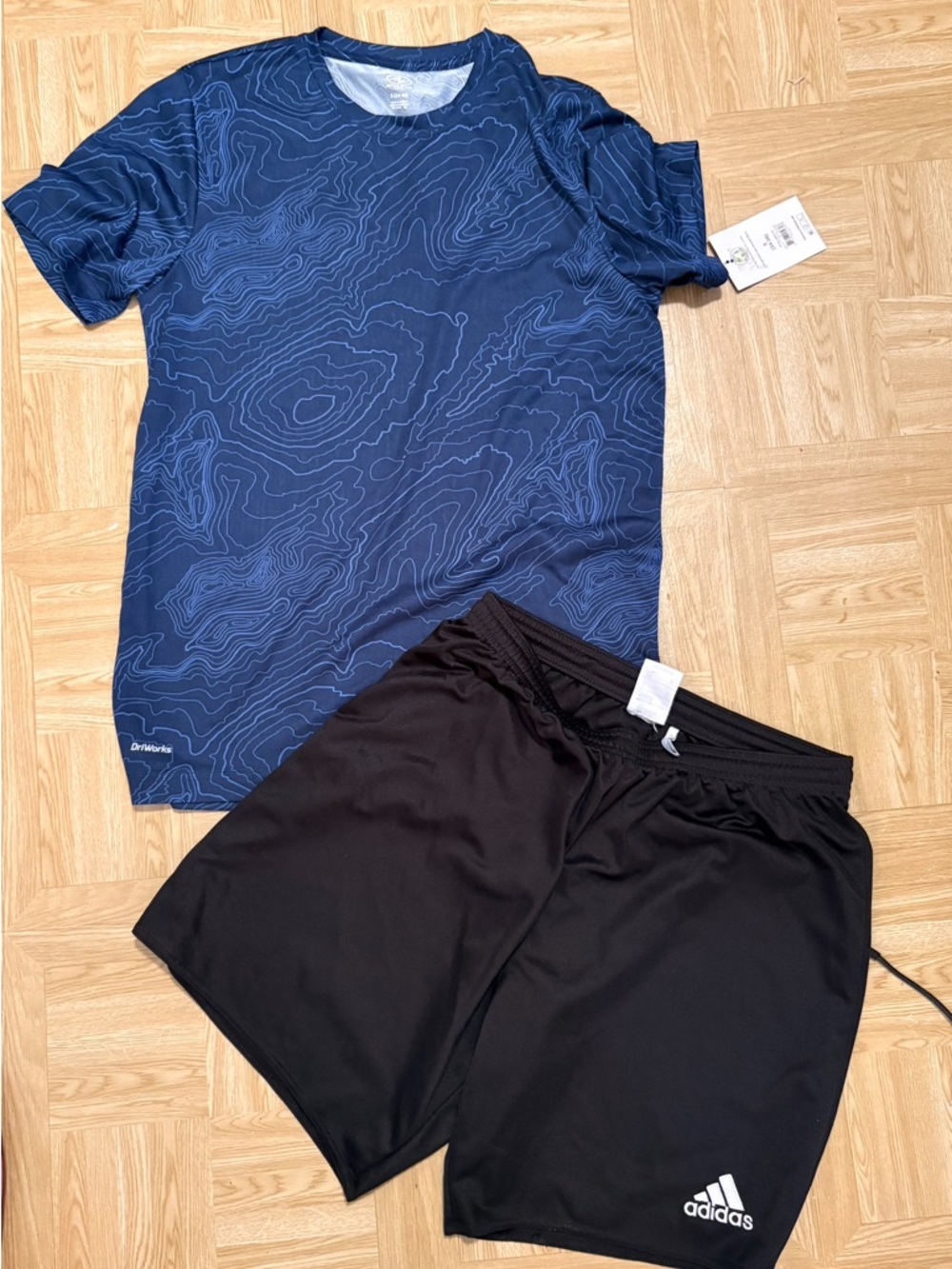adidas Navy Topographic Athletic Tee with Black Adidas Shorts